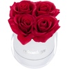 Rosenbox rund, 4 Rosen, stabile Flowerbox weiß, 10 Jahre haltbar, Geschenkidee, dekorative Blumenbox, rot