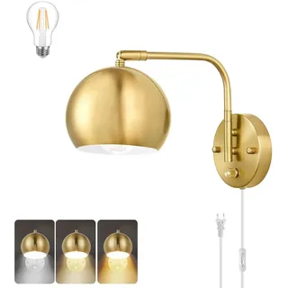 EOEO Innen Wandleuchte Dimmbar mit Schalter, E27 Verstellbare Gold Wandlampe aus Metall Nachttischlampe mit Stecker und Kabel Retro Industrial Wand Leselampe für Wohnzimmer, Schlafzimmer, Büro,1pack