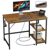 JOISCOPE Ergonomischer Home-Office Schreibtisch mit USB & Type-C Anschluss, 100x60 cm, Eiche Vintage Optik, Multifunktionaler Computertisch für Gaming und Studium, mit Regal