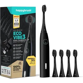 happybrush Elektrische Zahnbürste Eco VIBE 3 - Nachhaltige mit 6 Wochen Power-Akku inkl. 4 Aufsteckbürsten - AllBlack