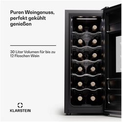 Klarstein Weinkühlschrank Silent Vino 12 Uno Slim, für 12 Standardflaschen á 0,75l,Wein Flaschenkühlschrank Weintemperierschrank Weinschrank Kühlschrank schwarz