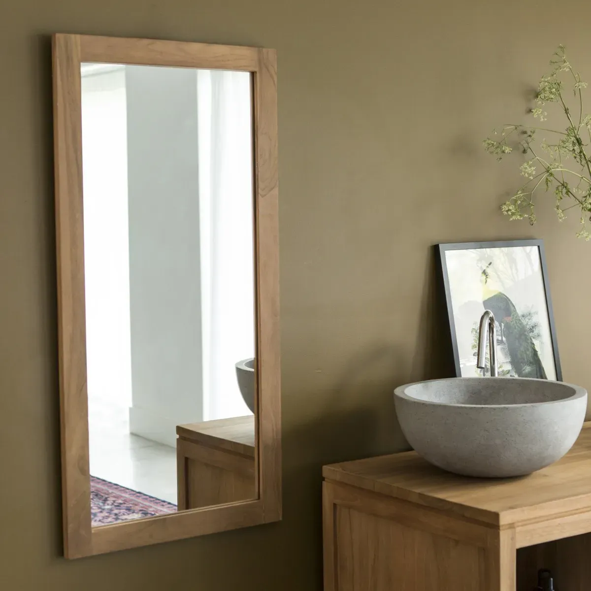 Badezimmerspiegel Wandspiegel Spiegel 100x50 Bad massivem Teakholz Teak massiv