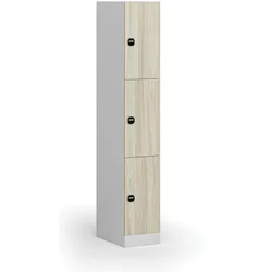 Schließfachschrank, 3 Fächer, 1850 x 300 x 500 mm, RFID-Schloss, laminierte Tür, Eiche natur