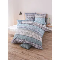 Bettwäsche WÄSCHEPUR Gr. 3, blau (ozean, grau, bedruckt), B/L: 155cm x 220cm, , Feinbiber, B/L: 80cm x 80cm, Feinbiber, 100% Baumwolle, Bettwäsche