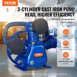 Vevor Luftkompressor-Pumpenkopf, 10 PS, 17,5 CFM bei 90 PSI, 3-Zylinder-Ölschmierung, Kolbenpumpenkopf, Zweistufiger V-Typ-Pumpenersatz