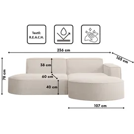 kaiser möbel Ecksofa, Sofa L form, Couch L form MODENA L STUDIO stoff Verita Ecru, Rechts