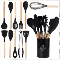 WISHDOR Kochbesteck-Set 12er Set Küchenhelfer Küchengerät Küchenutensilien Kochutensilien (mit Hitzebeständigem Holzgriff und Aufhängeschlaufe, 12-tlg., Silikon, Kochbesteck, BPA-frei, Küchen Utensil Set), Küchen Kochgeschirr für Kochen Braten Schöpfen Mischen und Backen usw schwarz