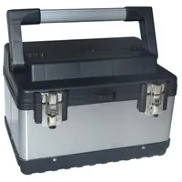 Perel Edelstahl Werkzeugkiste mit herausnehmbarem Einsatz, Metall Toolbox mit Aluminiumgriff und Metallverschlüssen, Werkzeugkoffer für Werkstatt und Garage, 38 x 27 x 22,5 cm, 23 L