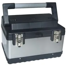 Perel Edelstahl Werkzeugkiste mit herausnehmbarem Einsatz, Metall Toolbox mit Aluminiumgriff und Metallverschlüssen, Werkzeugkoffer für Werkstatt und Garage, 38 x 27 x 22,5 cm, 23 L