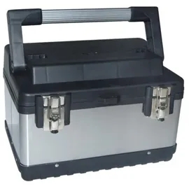 Perel Edelstahl Werkzeugkiste mit herausnehmbarem Einsatz, Metall Toolbox mit Aluminiumgriff und Metallverschlüssen, Werkzeugkoffer für Werkstatt und Garage, 38 x 27 x 22,5 cm, 23 L