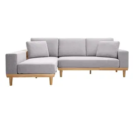 miliboo Ecksofa 5-Sitzer mit Stauraum hellgrauer Stoff mit strukturiertem Samteffekt und helles Holz KOMAO.