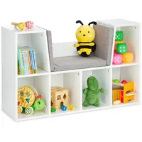 Relaxdays Bücherregal mit Sitzkissen, Kinderregal mit 6 Fächern, 63x103x30 cm, gepolstert, Sitzbank Kinderzimmer, weiß