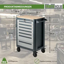 Trutzholm Werkstattwagen 99x82 cm Werkzeugwagen 7 Schubladen mit Holzplatte Einlassgriffe