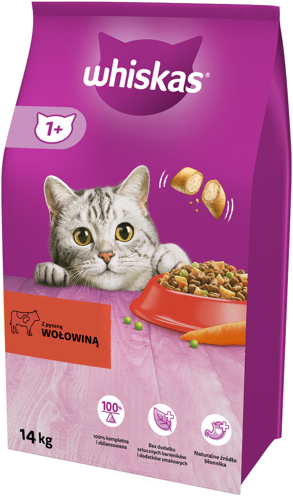WHISKAS Adult 14 kg - Trockenfutter für ausgewachsene Katzen, mit leckerem Rindfleisch (Rabatt für Stammkunden 3%)