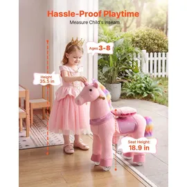 Vevor Reitpferd auf Rollen 80cm, 50kg Belastbares Stehpferd mit Soundfunktion, Spielpferd mit Erhöhtem Sitz Griffen Pedalen, Rosa Einhorn mit Regenbogenmähne zum Reiten für Kinder Mädchen 3-8 Jahren