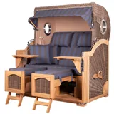 Mr. Deko bene living Strandkorb Komplettset Ammersee Grande XL Teak Bullauge PE Grau Modell 582 Inkl Liftersystem Schutzhülle Doppelrollen Glasbecherhalter