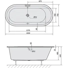 Polysan s.r.o. ASTRA ovale Einbau-Badewanne 165 x 75 cm (255 L)