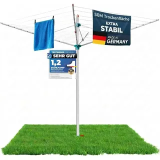 STAHLMANN® Wäschespinne draußen [Made IN Germany ] - Wäschespinne[50 M Leinenlänge] inkl. Bodenhülsen mit Deckel - höhenverstellbareWäschespinne aus hochwertigem Aluminium (50 M)