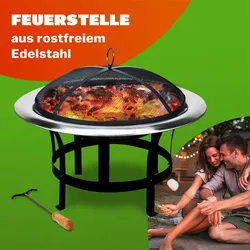 GARDEBRUK® Feuerschale mit Funkenschutz Schürhaken Edelstahl Ø75cm Feuerstelle Feuerkorb Terrassenofen Grill Garten