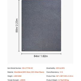 Vevor Campingdecke 1,62 x 2,23 m, Wolldecke, große warme Stadiondecke, wasser- und winddicht, schwer entflammbar, (80 % Wolle), hellgrau - Hellgrau