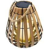 Solar Laterne mit LED Kerze in warm weiß mit Flackereffekt - 30 x 25 cm - Gartenleuchte in Holz Optik mit Jutekordel zum Hängen - Garten Deko Beleuchtung Solarlampe Dekoleuchte Außenleuchte