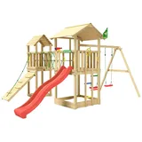 Jungle Gym Spielturm JUNGLE GYM "Nova", rot, Spieltürme, KinderB:524cm H:280cm T:350cm, Holz, Spielanlage mit 2 Türmen, Schaukel und Rutsche mit Wasseranschluss, B:524cm H:280cm T:350cm