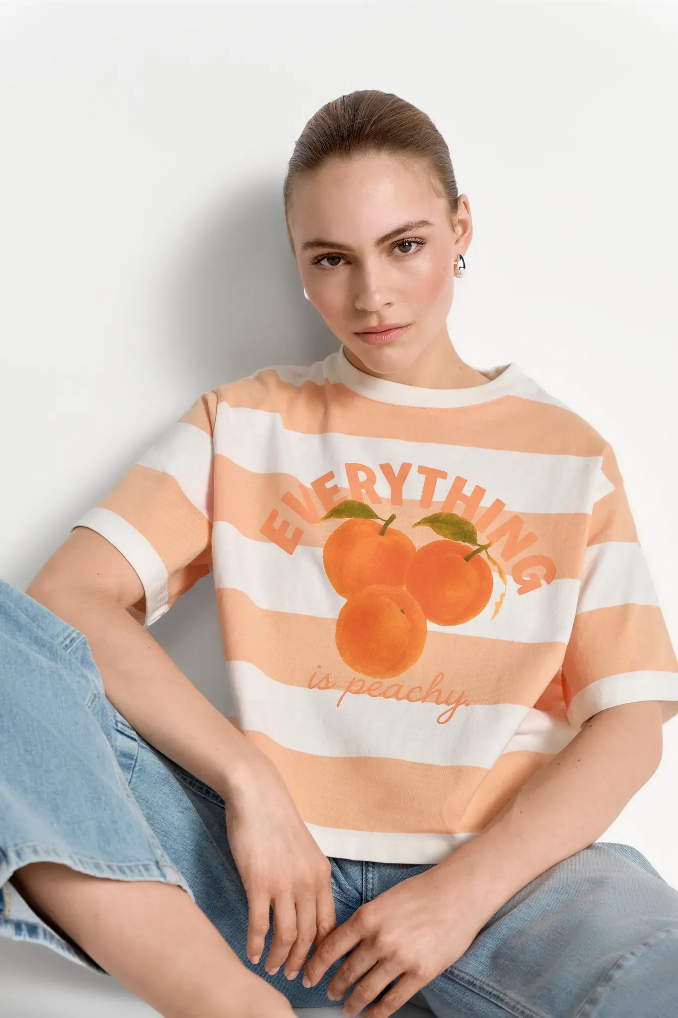 T-Shirt RICHROYAL, Damen, Gr. L, soft papaya, Single Jersey, Obermaterial: 100% Baumwolle, gestreift, regular fit taillenlang, Rundhals, eingesetzt abgesteppte Kante, Shirts T-Shirt, Regular fit mit Aprikosenprint
