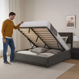 [en.casa] LED Polsterbett Tröstiar mit Bettkasten Leinen 160 x 200 cm, Schlafzimmer, Betten, Polsterbetten