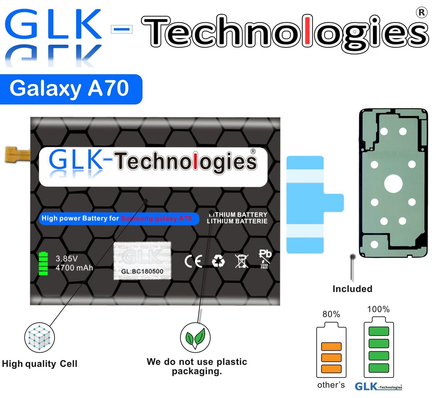 GLK-Technologies High Power Ersatzakku kompatibel mit Samsung Galaxy A70 SM-A705F / A70 SM-A705DS DUAL SIM, GLK-Technologies Battery, accu, 4700 mAh Akku, inkl. 2X Klebebandsätze Smartphone-Akku 4700 mAh (3.8 V)
