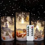 Eldnacele Flackernde flammenlose Weihnachtsmann-Kerzen aus Glas mit Fernbedienung, Timer, batteriebetrieben, LED-Stumpenkerzen, 3 Stück, Weihnachtsmann-Schlitten-Muster, Echtwachskerzen für