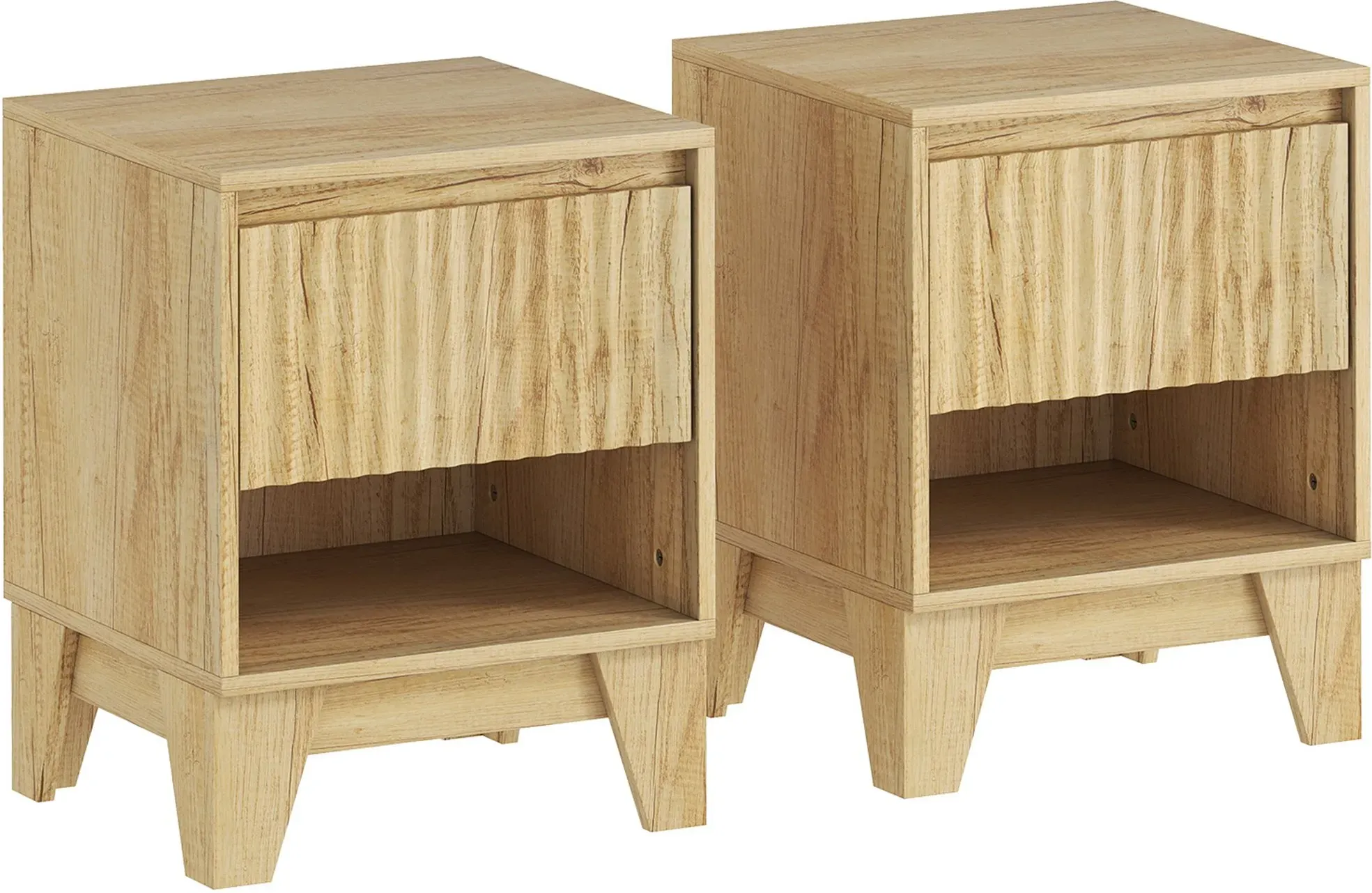 HOMCOM Set von 2 schmalen Nachttischen, Beistelltisch mit offenem Fach und 1 Schublade, gerillte Paneele für Schlafzimmer, Wohnzimmer, Naturholz   Aosom