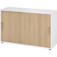bümö Schiebetürenschrank "2OH" - Aktenschrank abschließbar, Sideboard Schrank mit Schiebetüren in Weiß/Eiche - Büroschrank aus Holz mit Schiebetür,