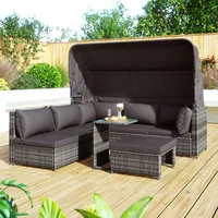 Gartenlounge-Set Rattan Sonneninsel Sitzgruppe, Sofa mit Sonnendach, Hocker, Sesseln und Tisch, Terrassenmöbel, wetterfest - grau