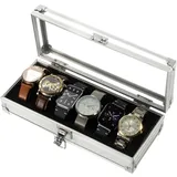 MEGAGOODS Uhrenbox Aluminium Uhrenbox 6 Fächer Aufbewahrung Schmuck Display DE. (Uhrenbox mit 6 Fächern)