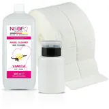 N&BF Nagel Cleaner Set mit Duft 500ml + Dispenser Pumpflasche Schwarz 150ml + 1000 Zelletten Cellulose Pads (2 Rollen à 500 Stück) - 70% Isopropanol-Alkohol – für Gelnägel – Nagelreiniger (Vanille)