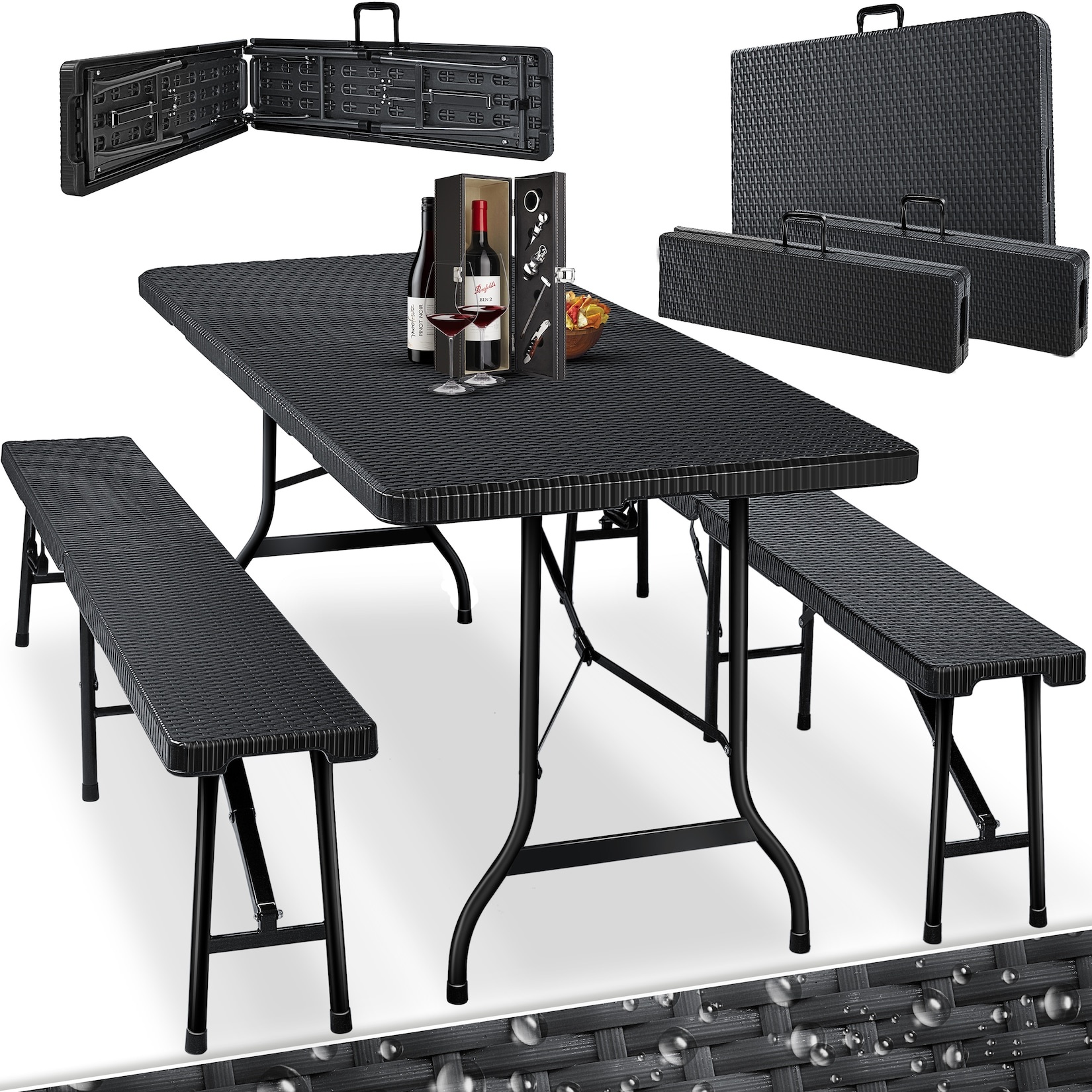 KESSER® Bierzeltgarnitur - 3-teilig Set, Tisch + 2 x Bank, für drinnen - draußen, klappbar, Tragegriffe, HxBxT: 73x180x75 cm , Kunststoff, Rattan-Look Gartengarnitur , Klapptisch , Gartentisch