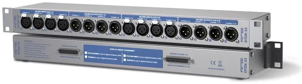 RME DTOX-32 - Universal AES/EBU Breakout Box, 2 x Sub-D 25-pin   8 x XLR Input and 8 x XLR Output Internal Sync Cable, AEB's and HDSP(e) Cards, internal 3-pin Tascam   Yamaha Pinout-Converter, 1