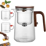 Accrue Glas Teekanne mit Siebeinsatz,Hexerei-Teekanne,Wassertrennende Glasteekanne mit Holzgriff,Teekanne mit Druckknopf,Hitzebeständig Teebereiter (800ML +2 Cups)