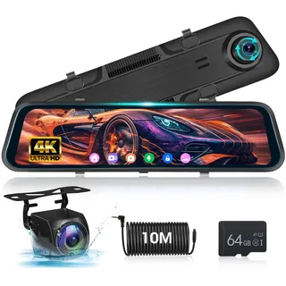 4K+1080P Spiegel Dashcam mit 12 Zoll Touchscreen - Front und Rückansicht Backup-Kamera Unterstützung 24H Parken Überwachung ADAS BSD Loop Recording G-Senors WiFi 150°Wide Angle + 64GB SD Karte