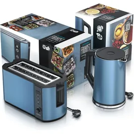Arendo 2-teiliges Frühstücksset - Edelstahl Wasserkocher 1,5l, 4-Scheiben Langschlitz Toaster, Blau Matt
