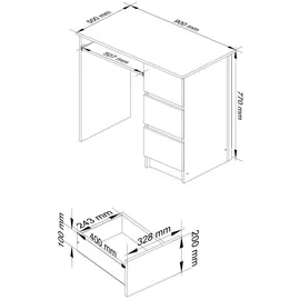 akord furniture factory Akord Schreibtisch, Eiche, Weiß, Holzwerkstoff, Nachbildung, Holz Optik, 1 Fächer, 3 Schubladen, Rechteckig,Rechteckig, 90x77x50 cm, Arbeitszimmer, Schreibtische, Computertische