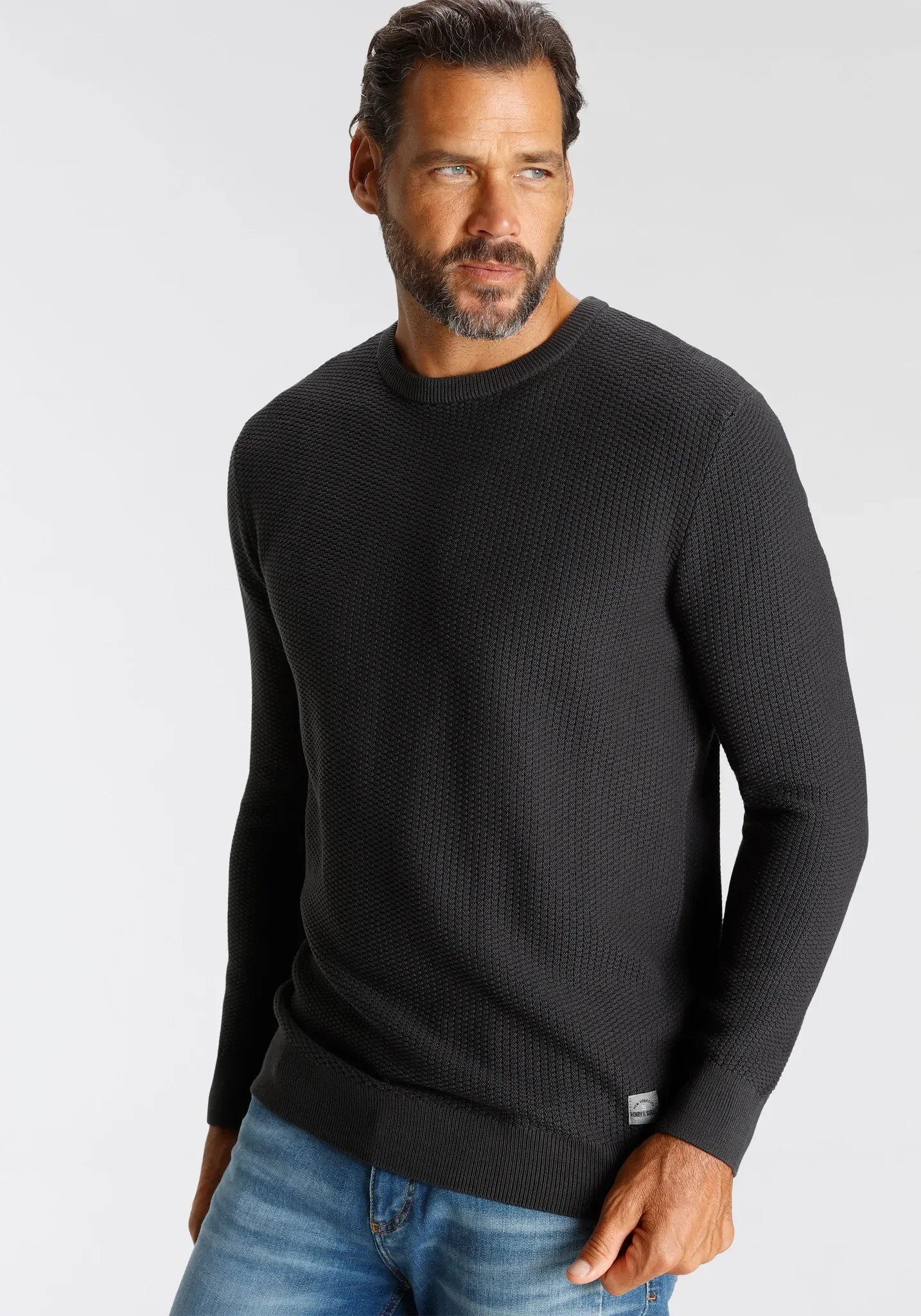 Rundhalspullover H.I.S, Herren, Gr. 3XL (64/66), grau (anthrazit), Strick, Obermaterial: 50% Baumwolle, 50% Polyacryl, unifarben, normal, Rundhals, Rippstrickbündchen, Pullover Rundhalspullover, in besonderer Strick-Optik