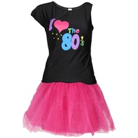 80er Jahre Damen Kostüm - pinkes Tutu und schwarzes neon Shirt - Größe S-XXL - Ballet Fasching Karneval Tüll Rock kurz, Größe:XL