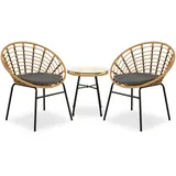 Homestyle4u 2446, 3-teiliges Gartenmöbel-Set, Balkonmöbel Rattan Natur, Tisch & 2 Sessel - Braun