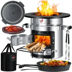 KESSER® Raketenofen Inkl. Grillpfanne aus Gusseisen mit Tragetasche, Dutch Oven BBQ Rakete Holzofen Camping Campingkocher Campinggrill, Edelstahl