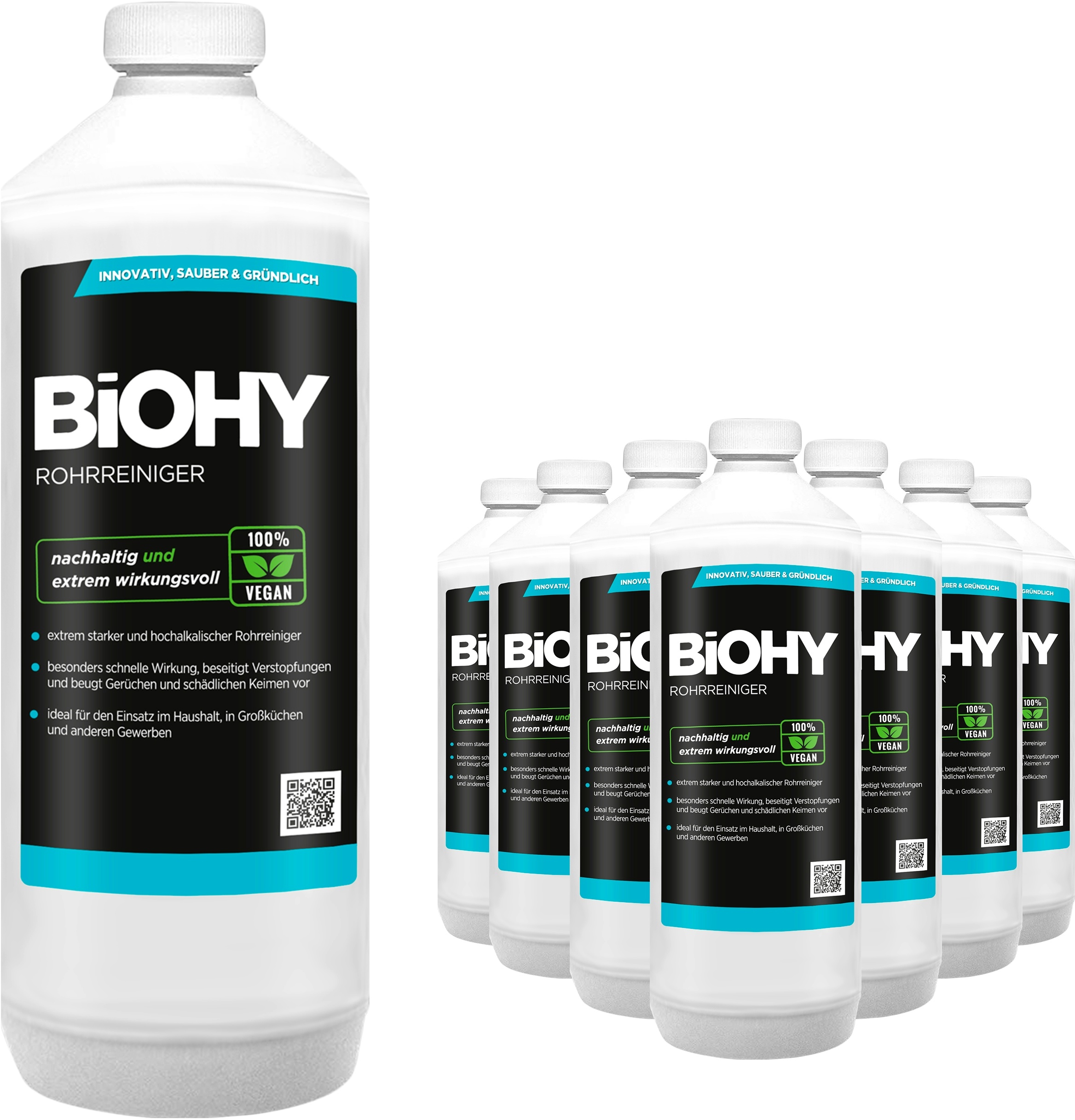 BiOHY Rohrreiniger (9x1l Flasche) | EXTRA STARK | Flüssiger, hochkonzentrierter Abflussreiniger | Geruchsneutral | Für alle Verstopfungen