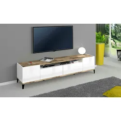 Dmora Fernsehschrank Raffaele, Niedriges Sideboard für Wohnzimmer mit 2 Türen, Sockel für TV-Möbel, cm 200x40h47, Weiß glänzend und Ahorn