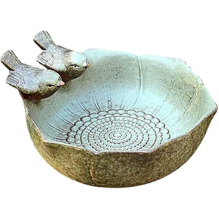 GIMOCOOL Vogeltränke Frostsicher Stehend, Vogelbad auf Gartenstab, Vogeltränke Garten Deko, Vogeltränke Winterfest Stein Mit 2 Vögeln, Vogelbecken Tränke Futterstelle Garten 16x16x8 cm