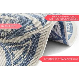 freundin Home Collection Nora In- & Outdoor Teppich Rund – Wendeteppich Wetterfest Modernes Design Runder Teppich für Balkon Terrasse Wintergarten Badteppich Wohnzimmerteppich, Blau Creme, 200cm