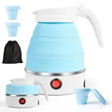 Faltbarer Wasserkocher, 600ml Wasserkessel Tragbarer Mini Reisewasserkocher, Faltbar Silikon Wasserkessel mit 2 Faltbecher, Reise Wasserkocher Faltbar Elektrisch Klein für Camping, Outdoor (blau)